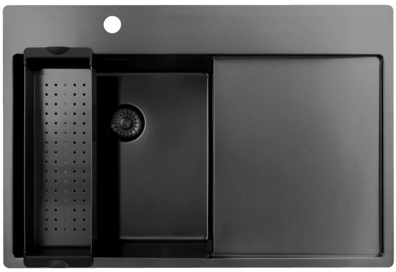 Pure.Sink Exclusivo Gun Metal mosogató csapteleppel, csepegtetőrészleggel 78x52 cm Tapwing bal PEX4078LT-61