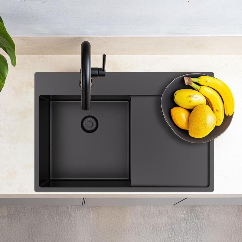 Pure.Sink Exclusivo Gun Metal mosogató csapteleppel, csepegtető résszel 78x52 cm Tapwing jobb PEX4078RT-61