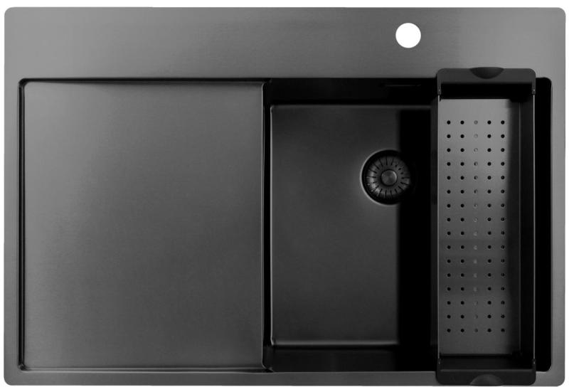 Pure.Sink Exclusivo Gun Metal mosogató csapteleppel, csepegtető résszel 78x52 cm Tapwing jobb PEX4078RT-61