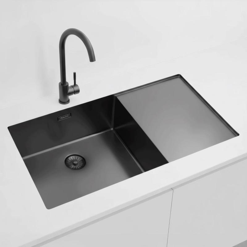 Pure.Sink Exclusivo Gun Metal mosogató csapteleppel és lecsepegtető résszel 86x52 cm Tapwing bal PEX5086LT-61
