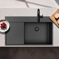 Pure.Sink Exclusivo Gun Metal mosogató csapteleppel és csepegtető részzel 86x52 cm Tapwing jobb oldali PEX5086RT-61