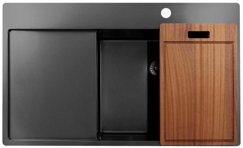 Pure.Sink Exclusivo Gun Metal mosogató csapteleppel és csepegtető részzel 86x52 cm Tapwing jobb oldali PEX5086RT-61