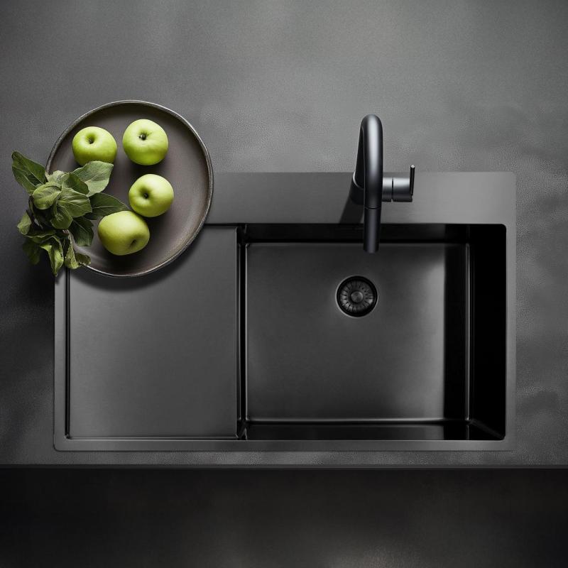 Pure.Sink Exclusivo Gun Metal mosogató csapteleppel és csepegtető részzel 86x52 cm Tapwing jobb oldali PEX5086RT-61