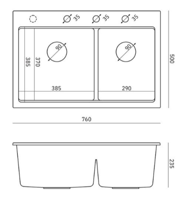 Quadri Hard Rock Dupla Fehér Gránit Felületi Mosogató 76 x 50 cm Réz dugóval és tartozékokkal 1208971357