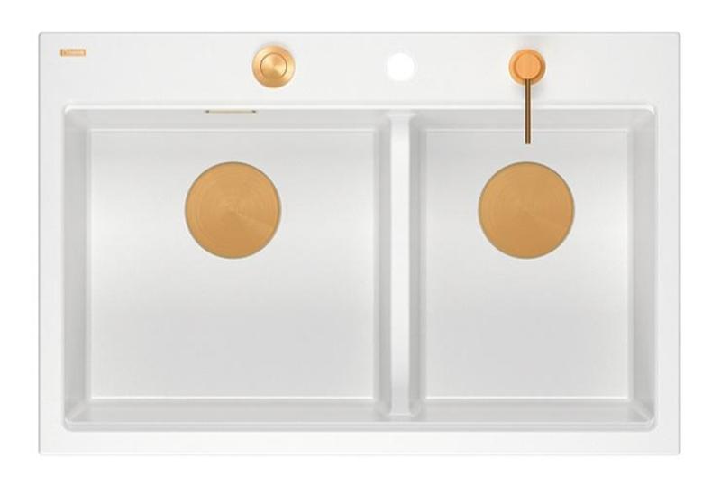 Quadri Hard Rock Dupla Fehér Gránit Felületi Mosogató 76 x 50 cm Réz dugóval és tartozékokkal 1208971357