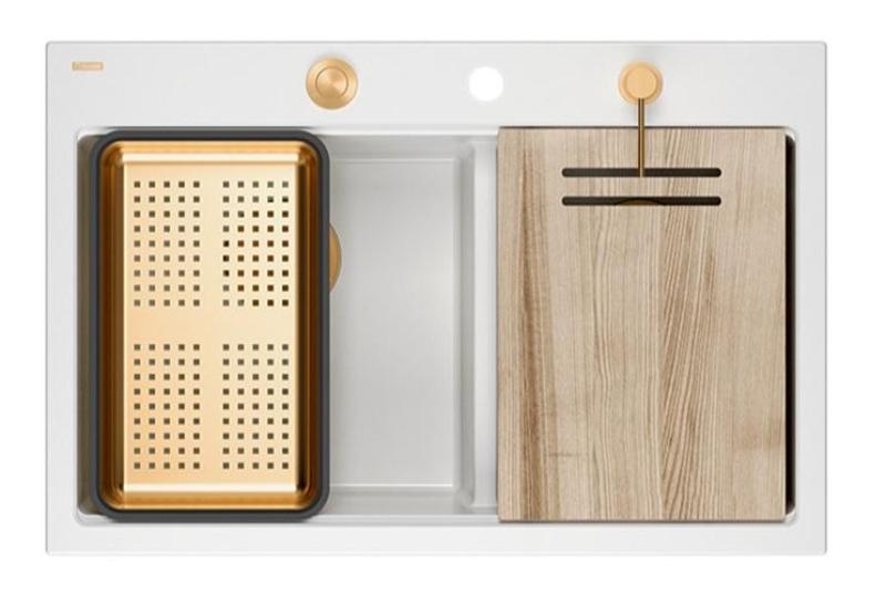 Quadri Hard Rock Dupla Fehér Gránit Felületi Mosogató 76 x 50 cm Réz dugóval és tartozékokkal 1208971357