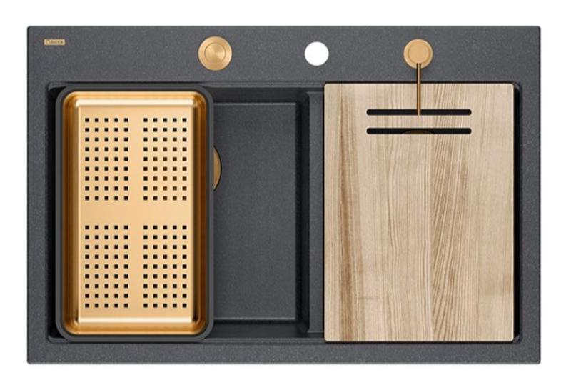 Quadri Hard Rock Dupla Antracit Gránit Felületre Szerelhető Mosogató 76x50 cm Réz dugóval és tartozékokkal 1208971388