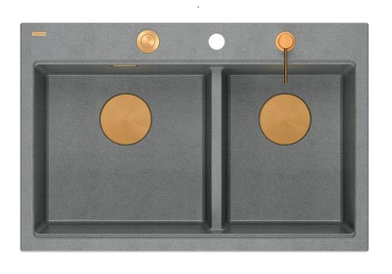 Quadri Hard Rock Dupla Szürke Gránit Felületre Szerelhető Mosogató 76x50 cm Réz dugóval és kiegészítőkkel 1208971389