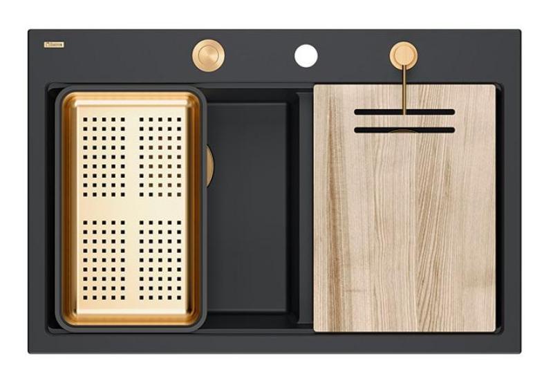 Quadri Hard Rock Dupla Fekete Gránit Felépített Mosogató 76x50 cm Réz dugóval és kiegészítőkkel 1208971390