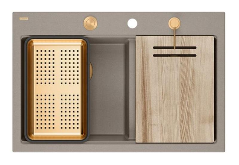 Quadri Hard Rock Dupla Taupe Gránit Felépített Mosogató 76x50 cm Réz dugóval és tartozékokkal 1208971391