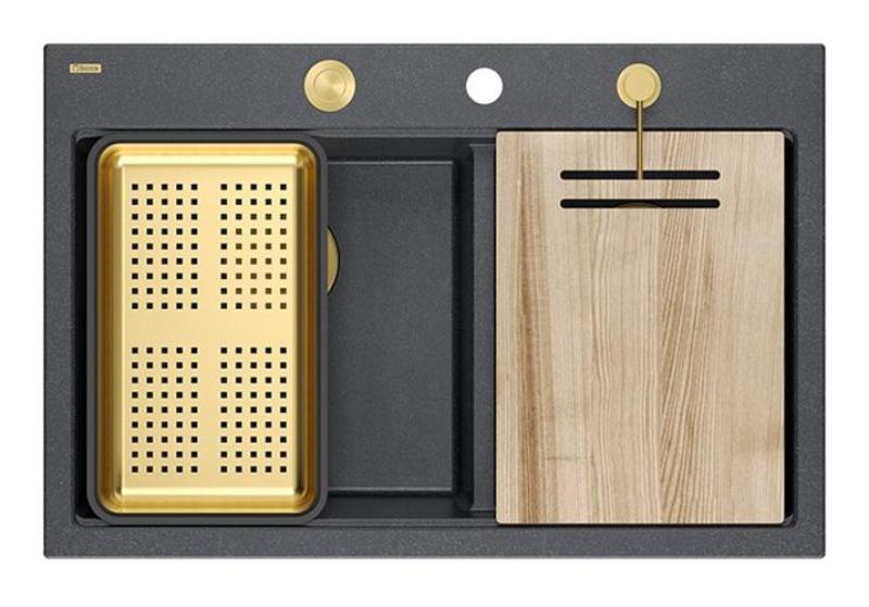 Quadri Hard Rock Dupla Antracit Gránit Felületi Mosogató 76x50 cm Arany dugóval és tartozékokkal 1208971393