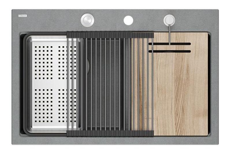 Quadri Hard Rock Dupla Szürke Gránit Felépítmény Mosogató 76x50 cm rozsdamentes acél dugóval és tartozékokkal 1208971400