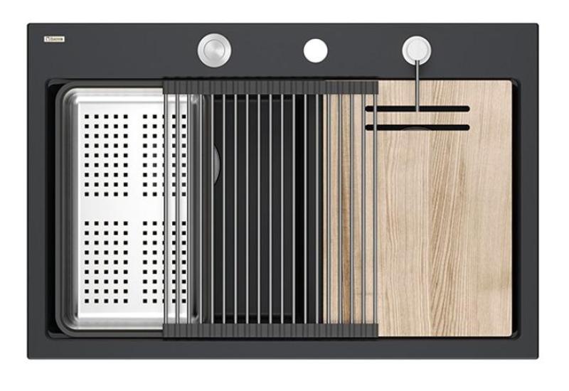 Quadri Hard Rock Dupla Fekete Gránit Felépített Mosogató 76x50 cm rozsdamentes acél dugóval és tartozékokkal 1208971401