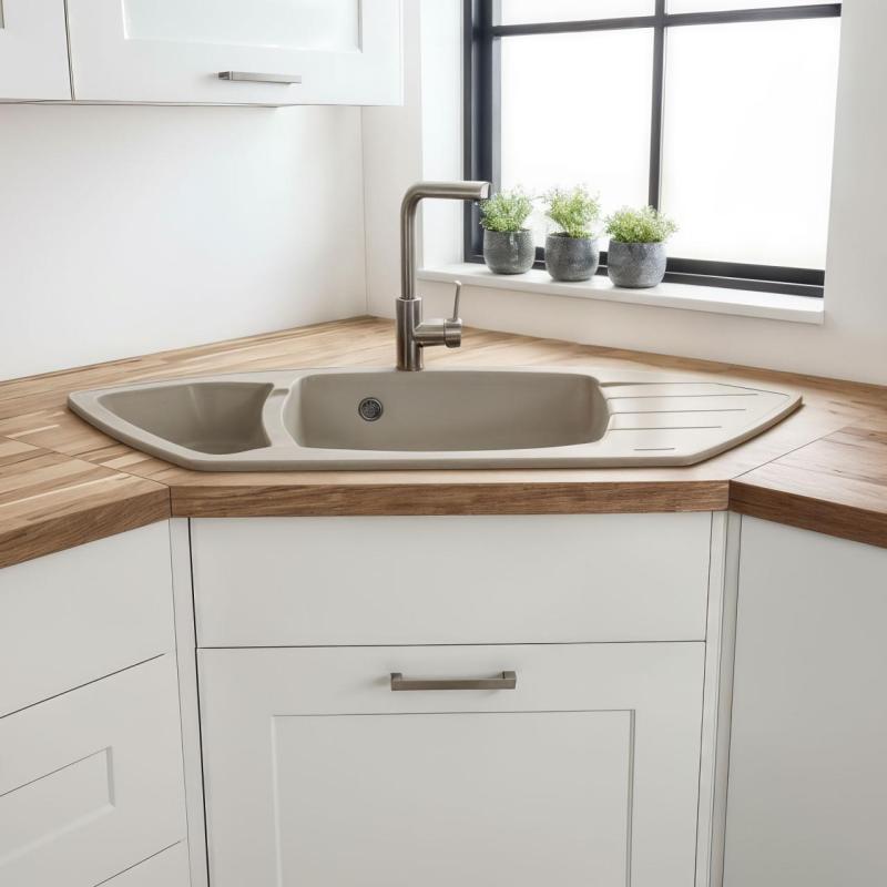 Graniteland Monte Gránit Beige Sarokmosogató felépítés 901x538mm Rozsdamentes Acél Dugóval 1208971414