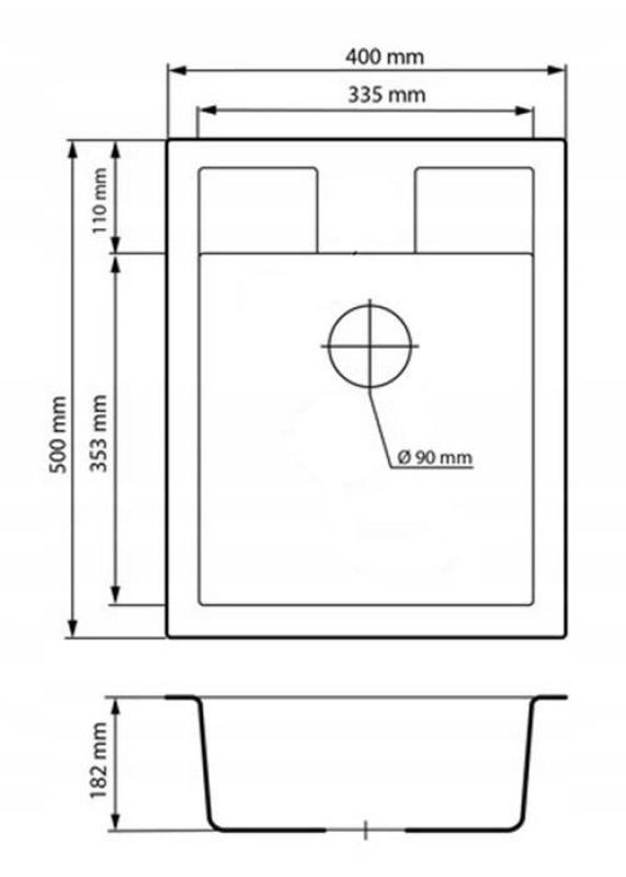 Graniteland Prest Granit fekete mosogató Tapwing csaplyukkal felépítve 400x500mm rozsdamentes acél dugóval 1208971421