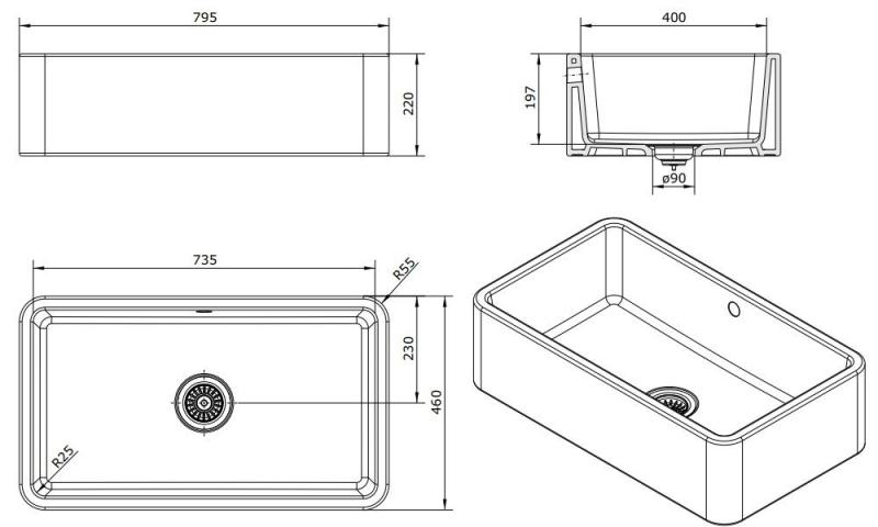 Ausmann Ceramic Mira Kerámia Fehér Mosogató - Alsó és Középső beépítésű 795 x 460 mm Réz dugóval 1208971467
