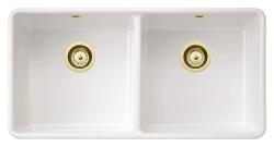 Ausmann Ceramic Mira Kerámia Fehér Dupla Mosogató - Alulról és középről szerelhető 890 x 456 mm arany dugókkal 1208971471