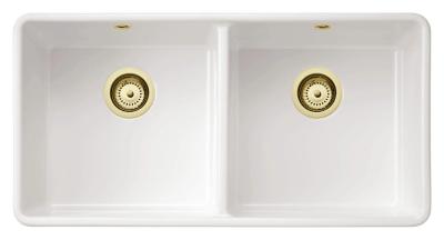 Ausmann Ceramic Mira Kerámia Fehér Dupla Mosogató - Alulról és középről szerelhető 890 x 456 mm arany dugókkal 1208971471