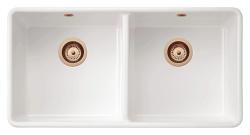 Ausmann Ceramic Mira Kerámia Fehér Kettős Mosogató - Alulról és Középről Szerelhető 890 x 456 mm Réz dugókkal 1208971472