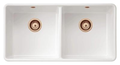 Ausmann Ceramic Mira Kerámia Fehér Kettős Mosogató - Alulról és Középről Szerelhető 890 x 456 mm Réz dugókkal 1208971472