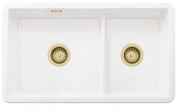 Ausmann Ceramic Ember Kerámia Fehér Másfél Mosogató Felületi és Alatti Beépítés 733 x 401 mm Arany dugókkal 1208971518