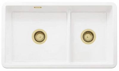 Ausmann Ceramic Ember Kerámia Fehér Másfél Mosogató Felületi és Alatti Beépítés 733 x 401 mm Arany dugókkal 1208971518