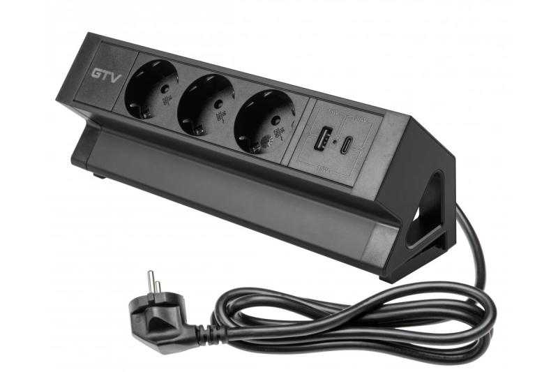 Bútorcsatlakozó BASCO, 3xSCHUKO, USB A+C, 1,5 m kábel, fekete