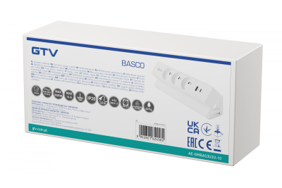 Basco bútoraljzat, 3 x földelt aljzat, USB A+C, 1,5 m kábel, fehér, szereléssel