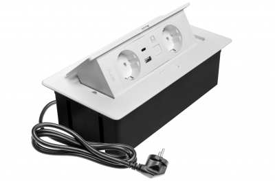 MULTISOFT bútorszerelvény, 2xSHUKO, USB A+C, RJ45, 1,5 m kábel, fehér