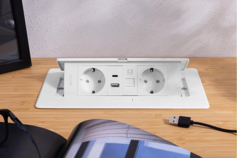 MULTISOFT bútorszerelvény, 2xSHUKO, USB A+C, RJ45, 1,5 m kábel, fehér