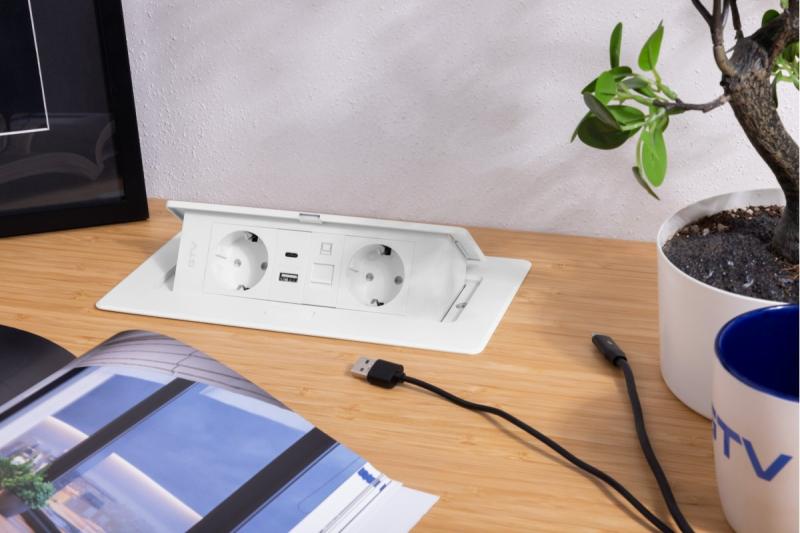 MULTISOFT bútorszerelvény, 2xSHUKO, USB A+C, RJ45, 1,5 m kábel, fehér