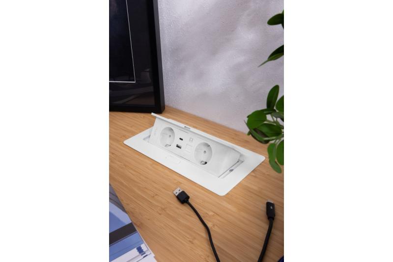 MULTISOFT bútorszerelvény, 2xSHUKO, USB A+C, RJ45, 1,5 m kábel, fehér