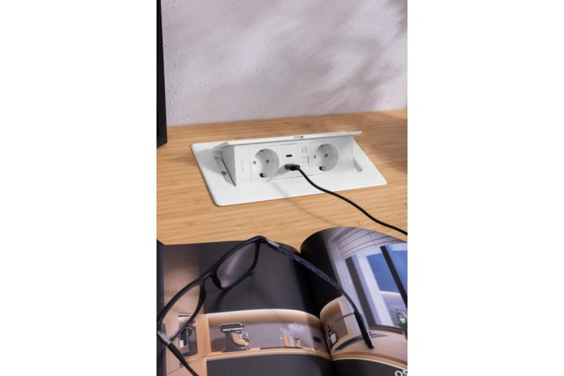 MULTISOFT bútorszerelvény, 2xSHUKO, USB A+C, RJ45, 1,5 m kábel, fehér