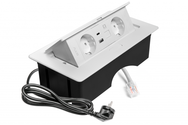 MULTISOFT bútorszerelvény, 2xSHUKO, USB A+C, RJ45, 1,5 m kábel, fehér