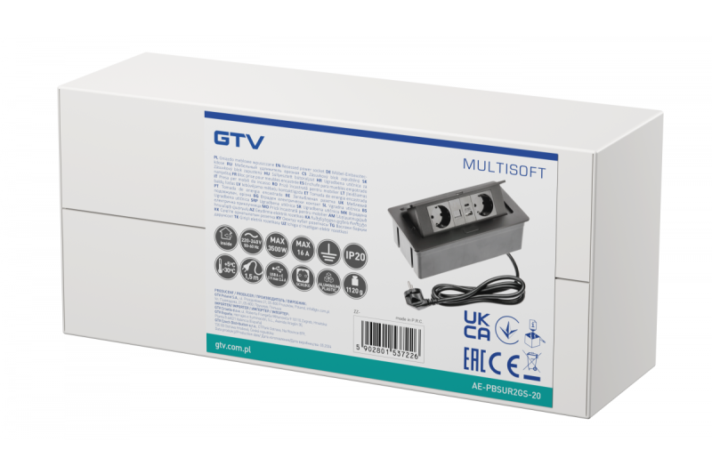 MULTISOFT bútoraljzat, 2xSHUKO, USB A+C, RJ45, 1,5 m kábel, fekete