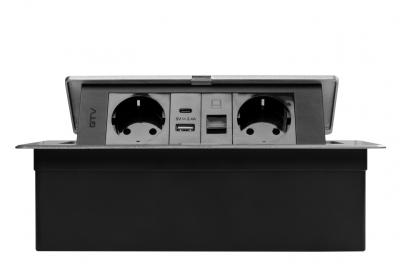 MULTISOFT bútoraljzat, 2xSHUKO, USB A+C, RJ45, 1,5 m kábel, alumínium