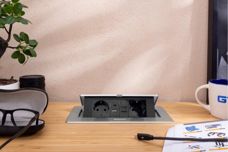 MULTISOFT bútoraljzat, 2xSHUKO, USB A+C, RJ45, 1,5 m kábel, alumínium