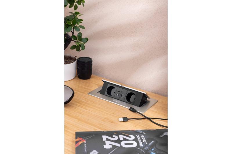 MULTISOFT bútoraljzat, 2xSHUKO, USB A+C, RJ45, 1,5 m kábel, alumínium