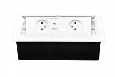 MULTISOFT Bútorcsatlakozó 2x Földelt Dugalj, USB A+C, RJ45, Hálózati Kábel Csatlakozóval, Fehér
