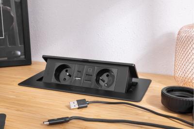MULTISOFT Bútorcsatlakozó 2x földelt aljzat, USB A+C, RJ45, tápkábel dugóval, fekete