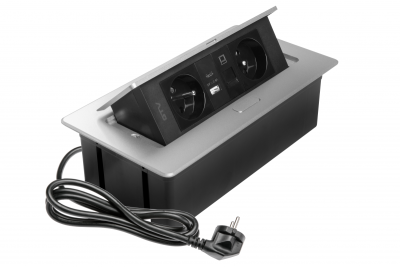MULTISOFT Bútoraljzat 2x földelt aljzat, USB A+C, RJ45, hálózati kábel dugóval, alumínium