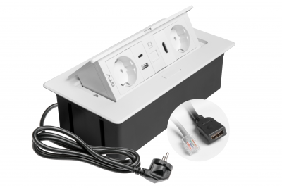 MULTISOFT bútoraljzat, 2xSHUKO, USB A+C, RJ45, HDMI, 1.5 m kábel, fehér