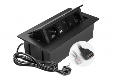 MULTISOFT bútor aljzat, 2xSHUKO, USB A+C, RJ45, HDMI kábel 1,5 m, fekete