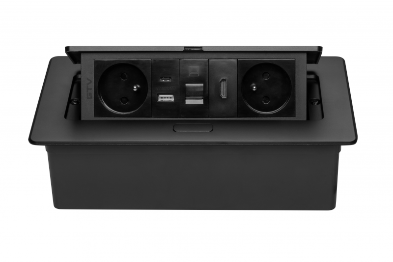 MULTISOFT bútor aljzat, 2xSHUKO, USB A+C, RJ45, HDMI kábel 1,5 m, fekete