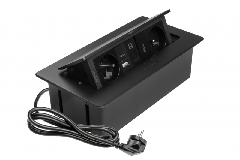 MULTISOFT bútor aljzat, 2xSHUKO, USB A+C, RJ45, HDMI kábel 1,5 m, fekete