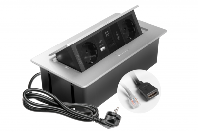 Bútorszerelvény MULTISOFT, 2xSCHUKO, USB A+C, RJ45, HDMI kábel 1,5 m, alumínium