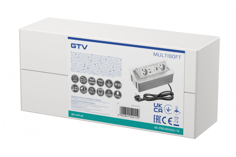 MULTISOFT bútoraljzat 2x földelt aljzat, USB A+C, RJ45, HDMI, hálózati kábel csatlakozóval, fehér