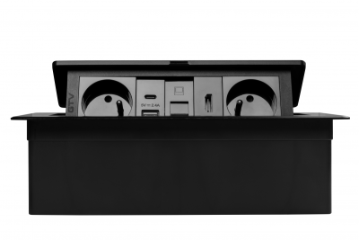 MULTISOFT bútorcsatlakozó 2x földelt aljzat, USB A+C, RJ45, HDMI, tápkábel dugóval, fekete