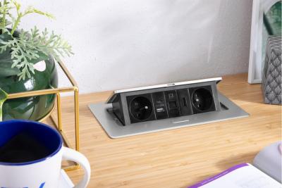 MULTISOFT bútoraljzat 2x földelt aljzat, USB A+C, RJ45, HDMI, tápkábel csatlakozóval, alumínium