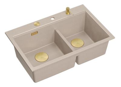 Quadri Hard Rock Dupla Beige Gránit Felületi Mosogató 76x50 cm Arany dugóval és kiegészítőkkel 1208971663
